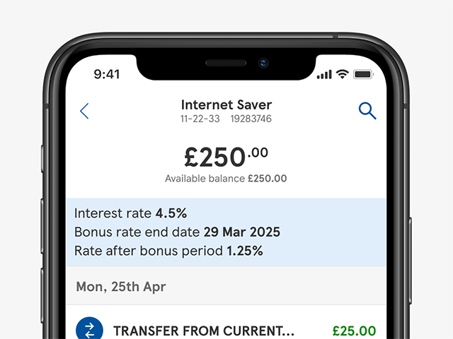 Mobile banking app showing an Internet Saver account with a banner explaining the interest rate, bonus end date and post-bonus rate.